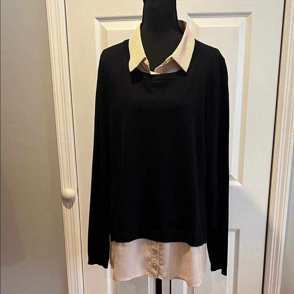 Black Layered-Look Women's Sweater Top with Pink Polka dot Shirt Detail